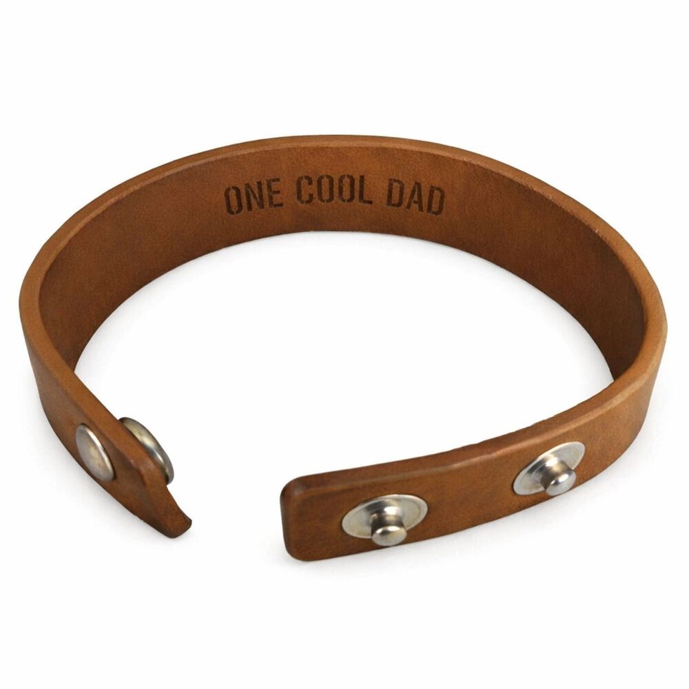 Ganz One Cool Dad Stamped Brown Tan Beige Leather Snap-On Bracelet 8.5" or 7.5"